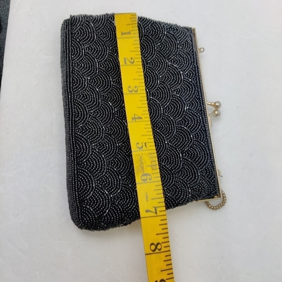 Vintage Beaded Clutch Handbag Pure Black, Satin Lining Chain Pocket Clasp Top - Picture 13 of 16